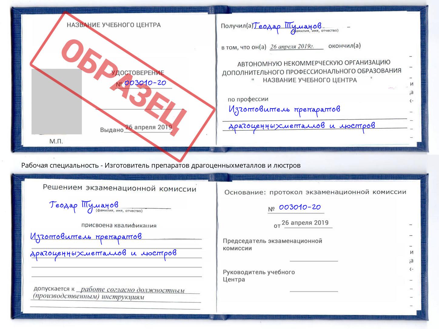 Изготовитель препаратов драгоценныхметаллов и люстров Артём