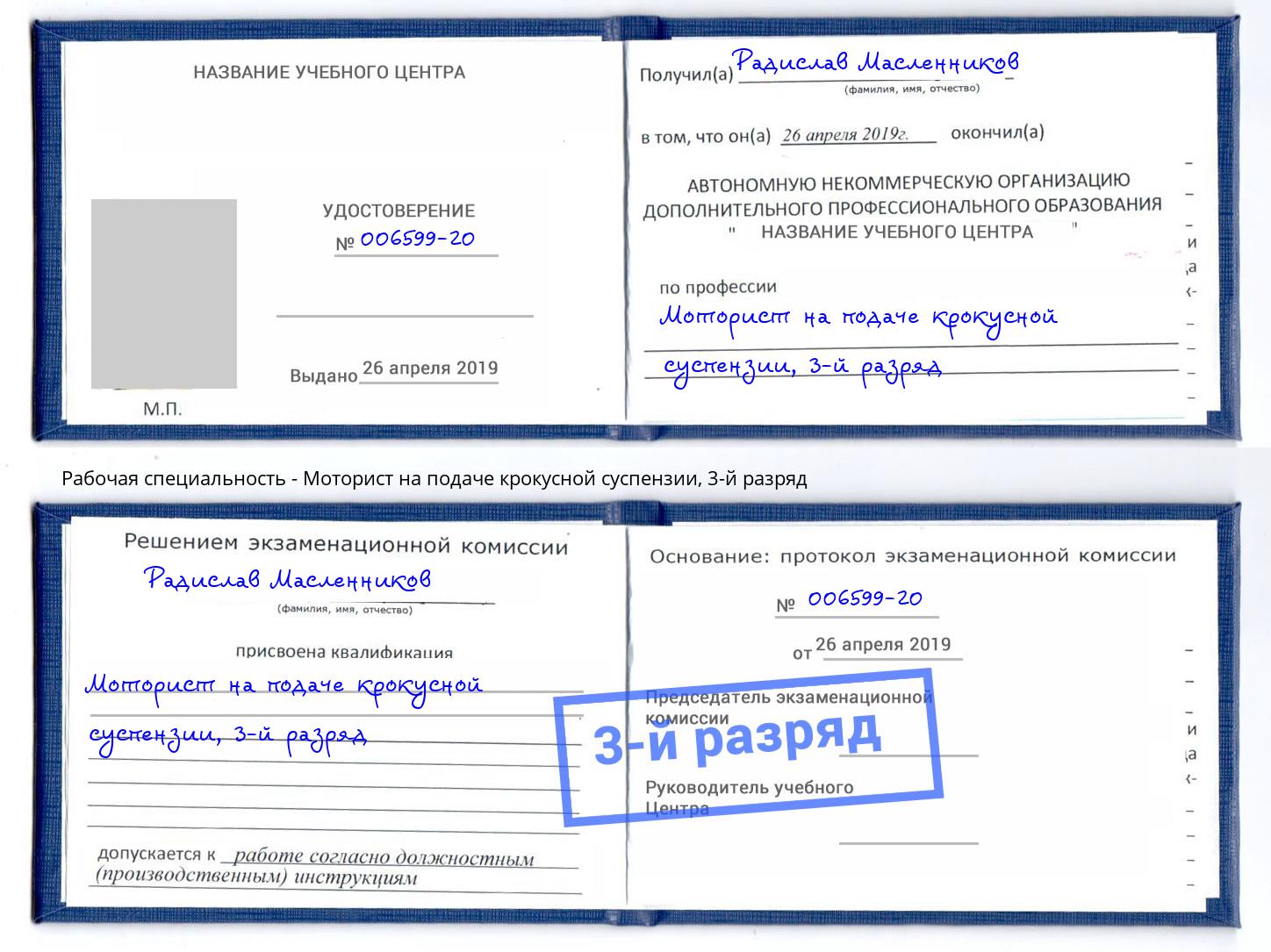 корочка 3-й разряд Моторист на подаче крокусной суспензии Артём