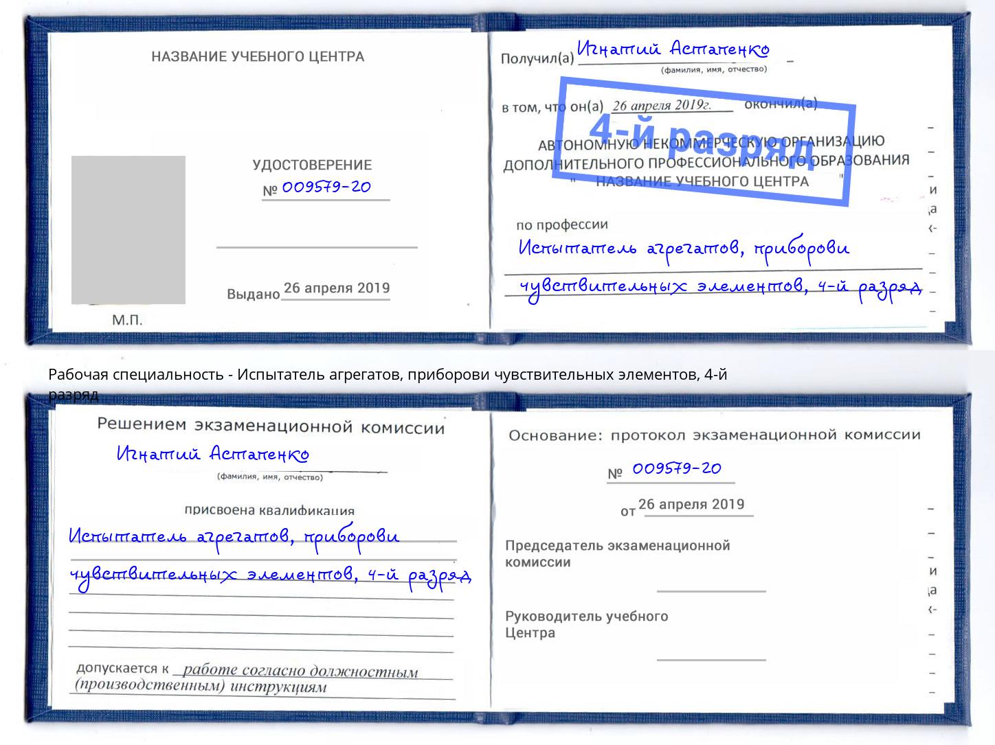 корочка 4-й разряд Испытатель агрегатов, приборови чувствительных элементов Артём