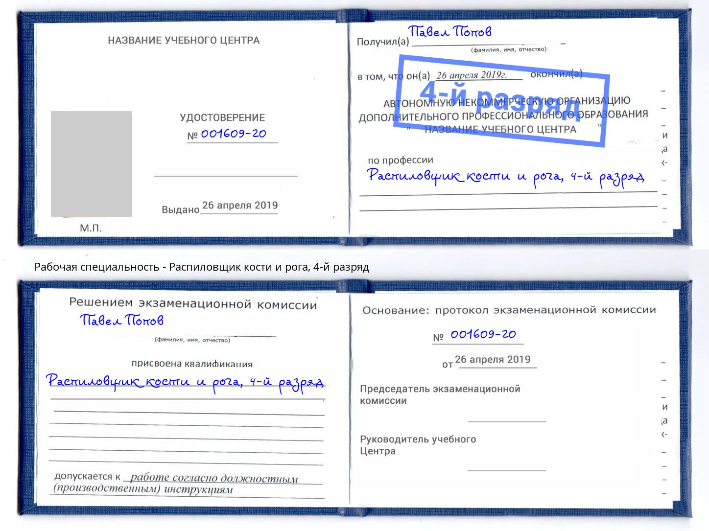 корочка 4-й разряд Распиловщик кости и рога Артём