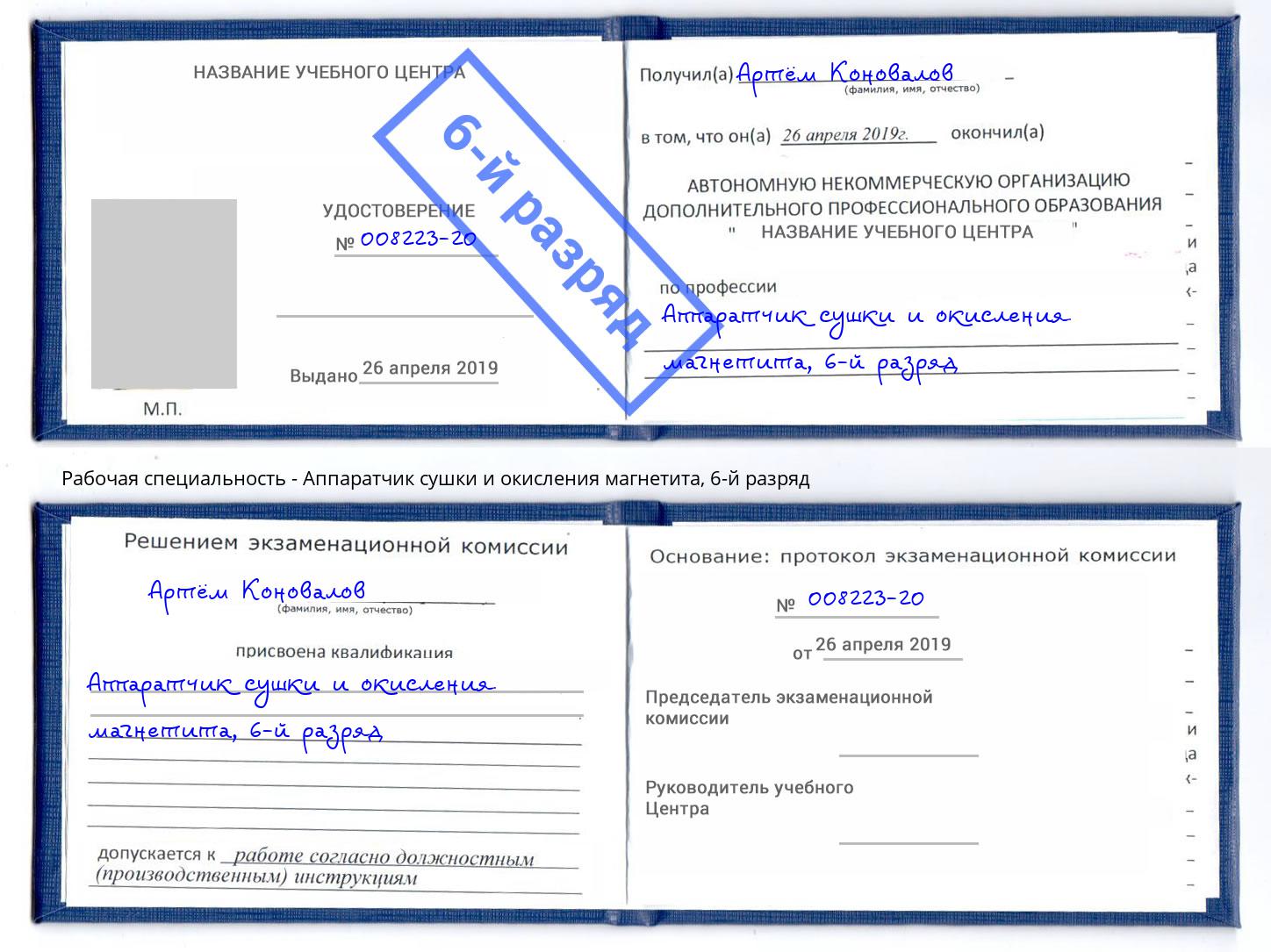 корочка 6-й разряд Аппаратчик сушки и окисления магнетита Артём