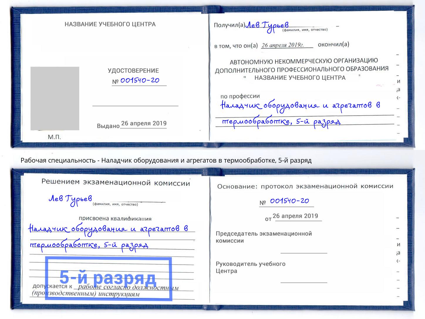 корочка 5-й разряд Наладчик оборудования и агрегатов в термообработке Артём