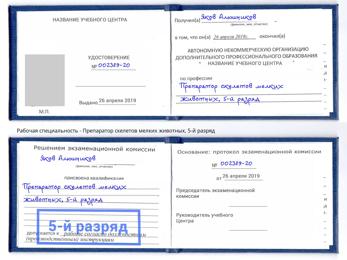 корочка 5-й разряд Препаратор скелетов мелких животных Артём