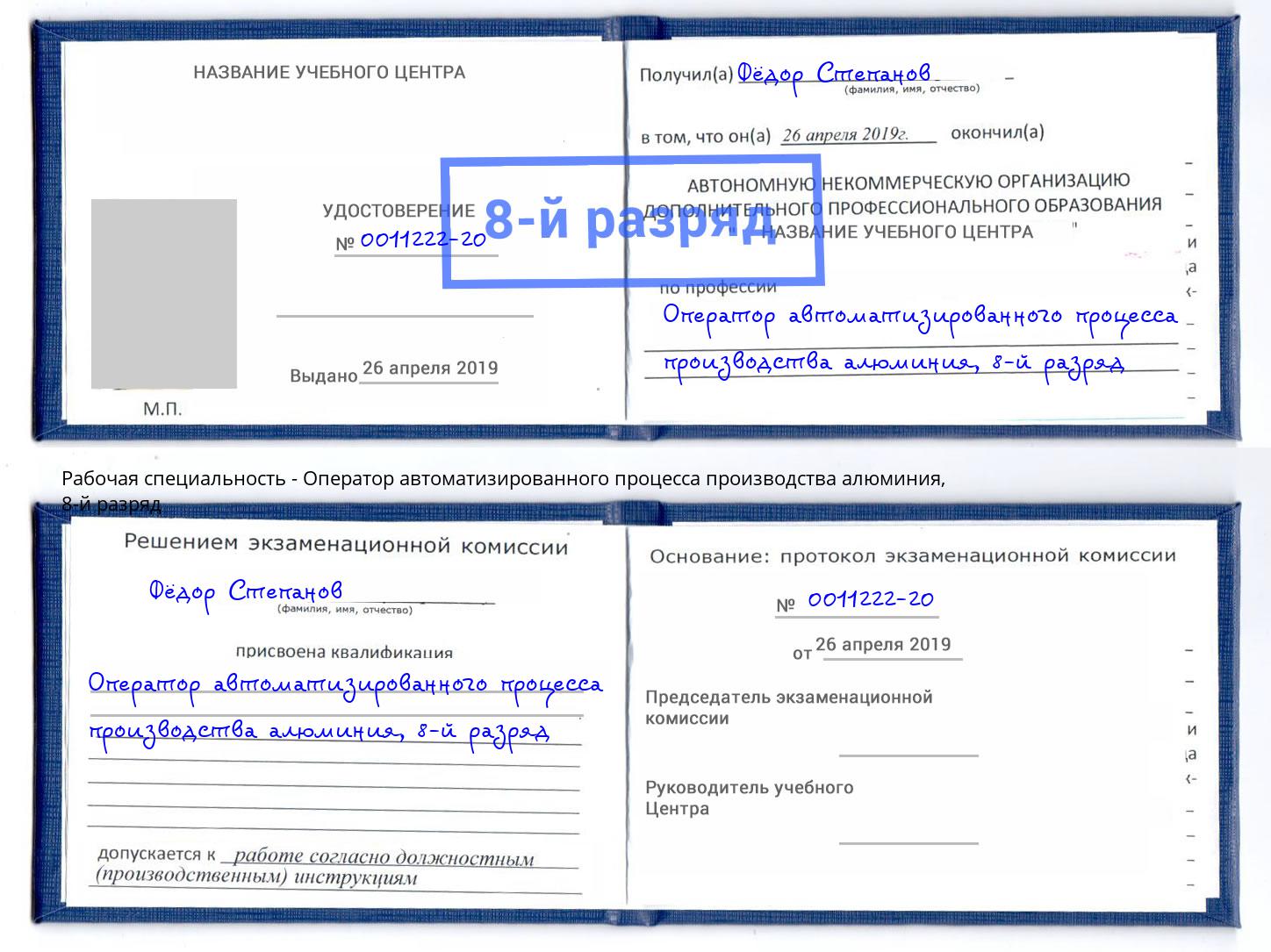 корочка 8-й разряд Оператор автоматизированного процесса производства алюминия Артём