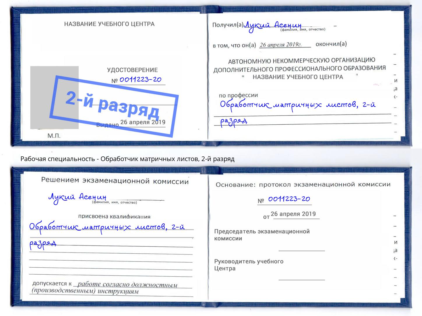 корочка 2-й разряд Обработчик матричных листов Артём