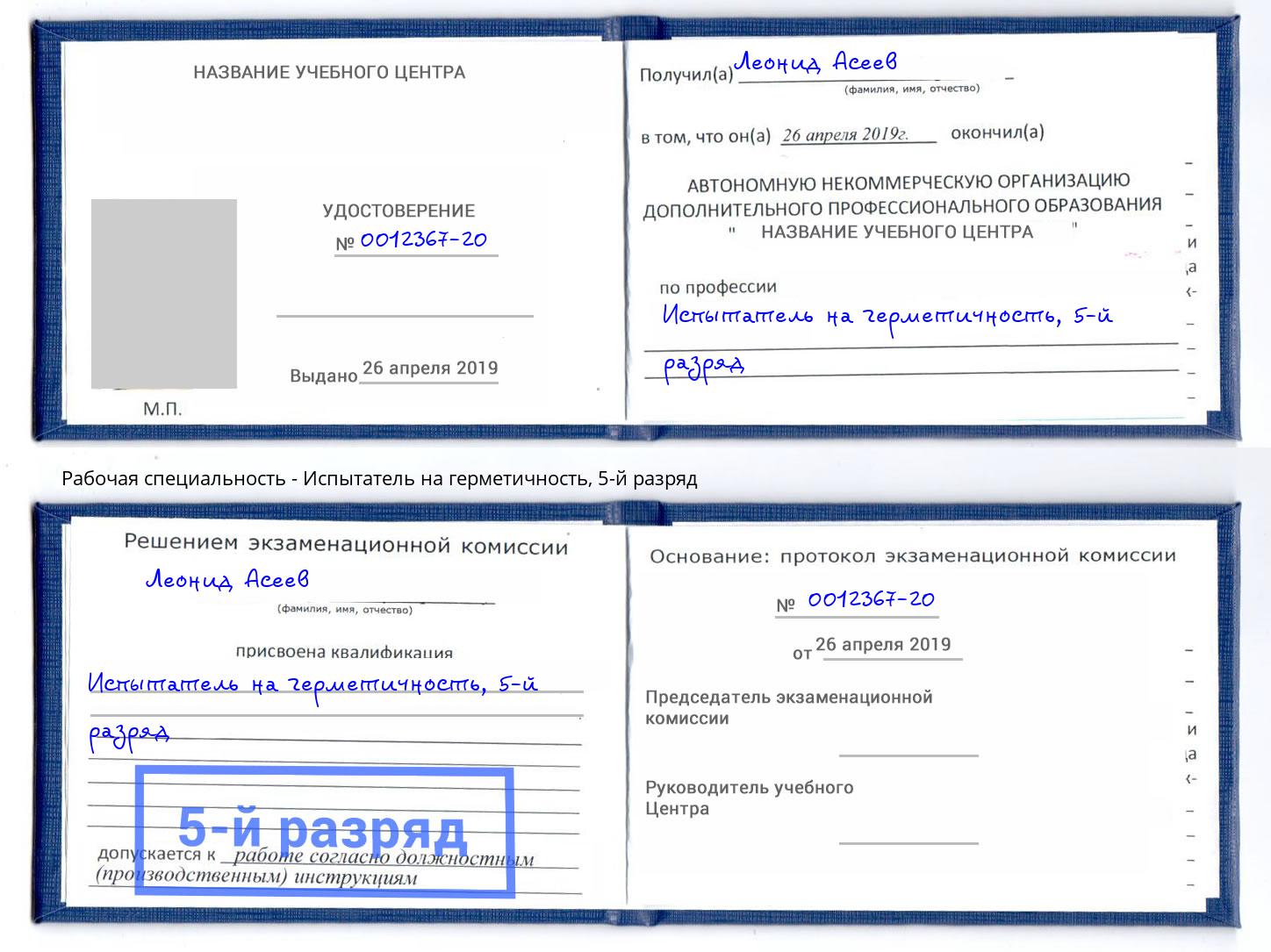 корочка 5-й разряд Испытатель на герметичность Артём