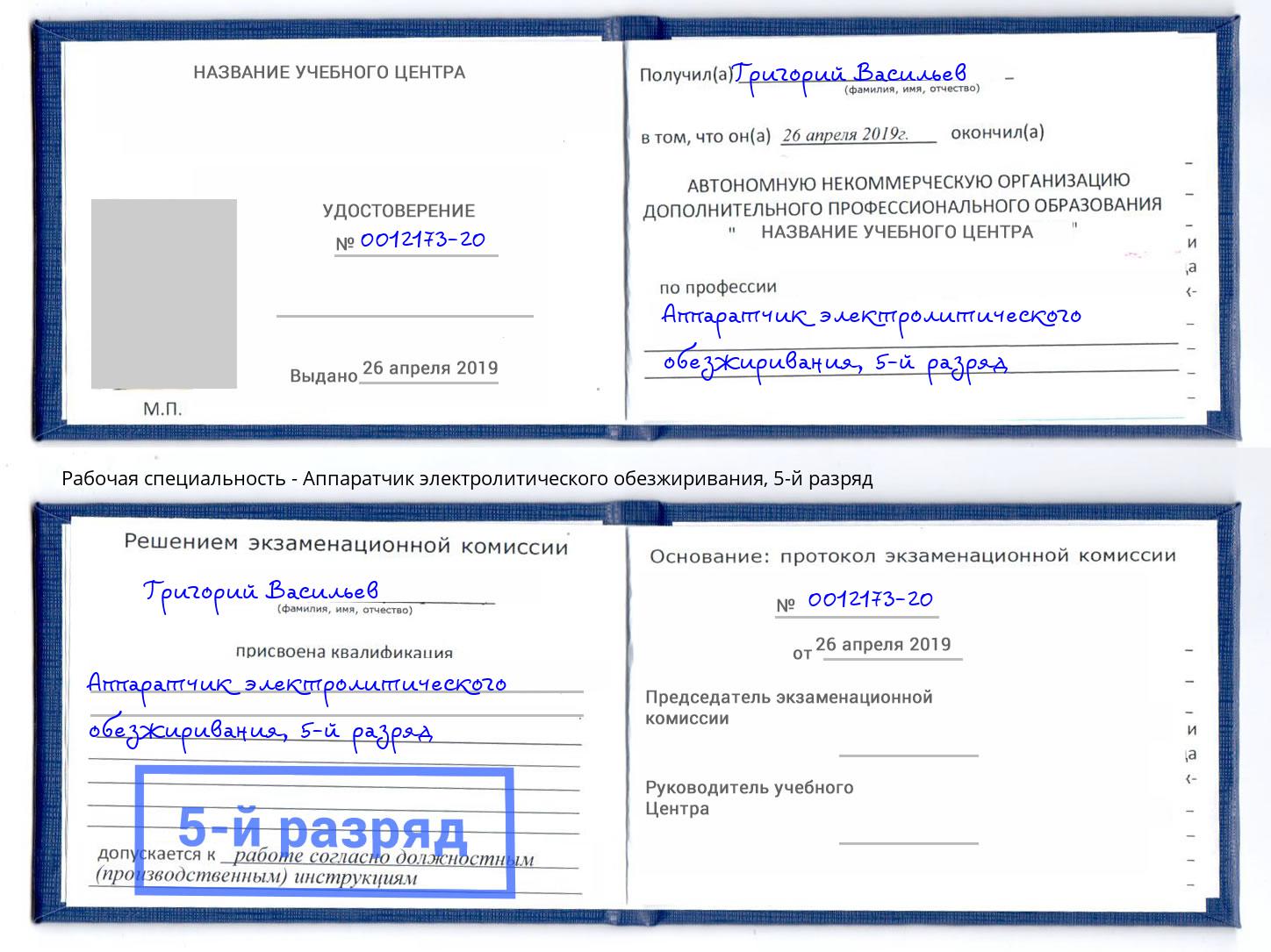 корочка 5-й разряд Аппаратчик электролитического обезжиривания Артём