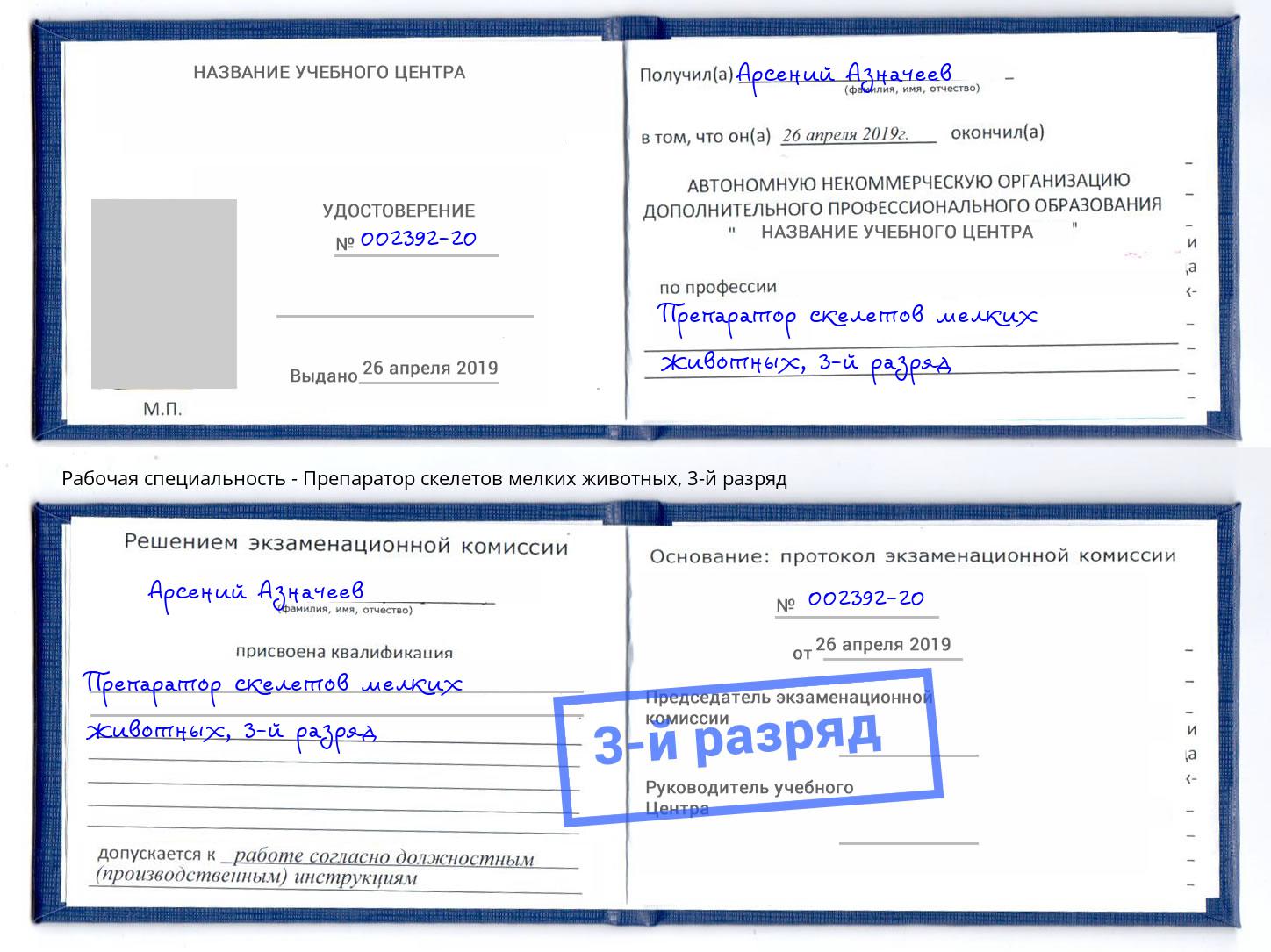 корочка 3-й разряд Препаратор скелетов мелких животных Артём