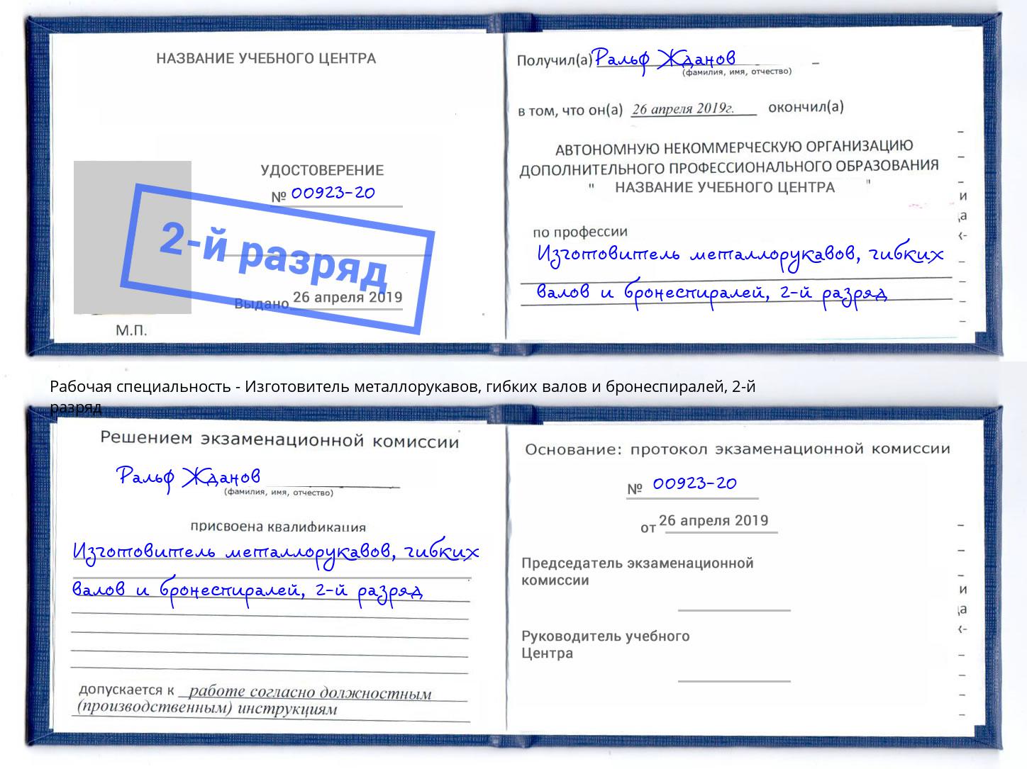 корочка 2-й разряд Изготовитель металлорукавов, гибких валов и бронеспиралей Артём